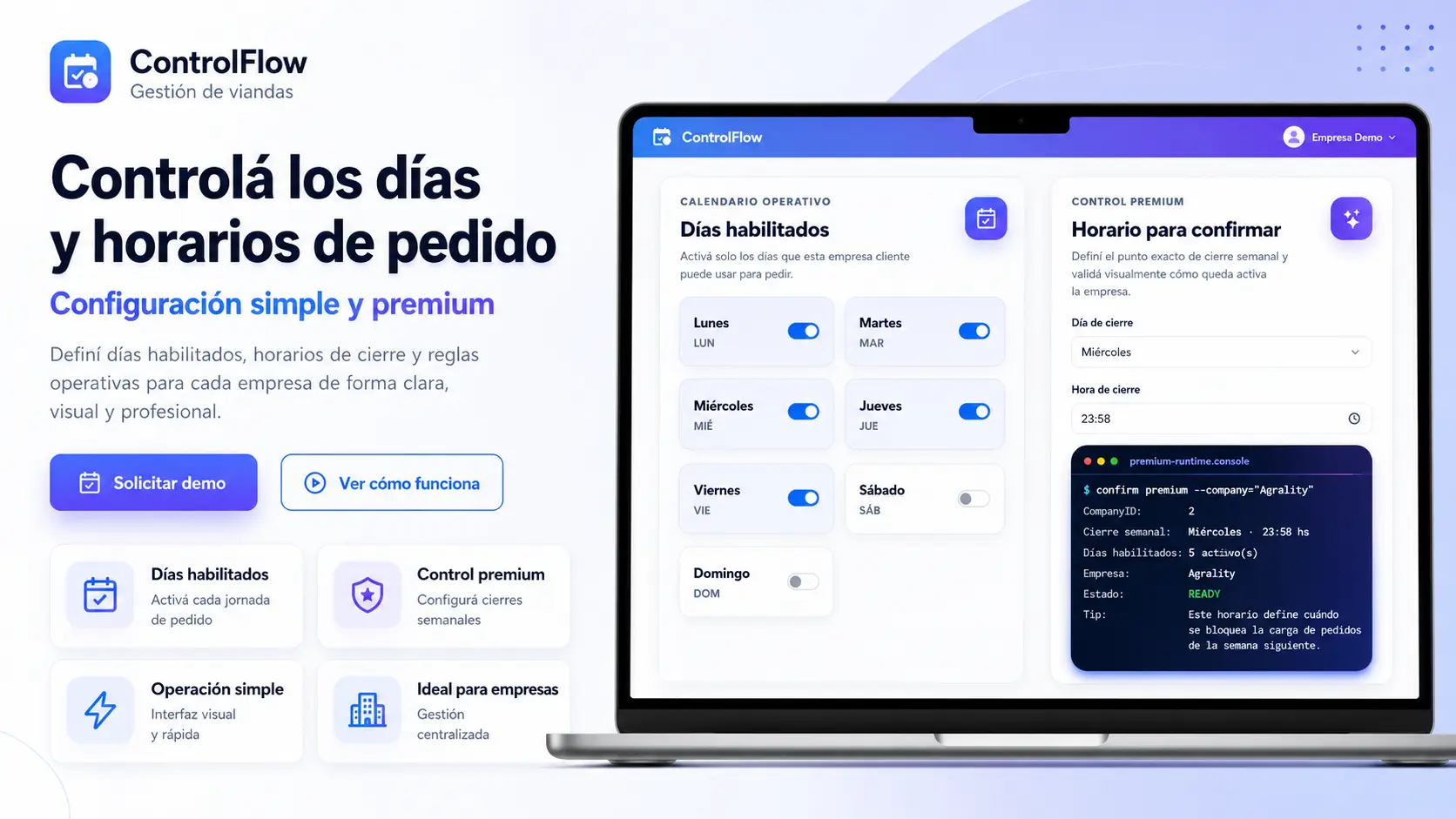 Configuración de días y cierre de pedidos